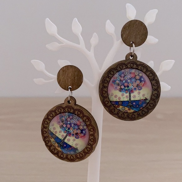 Tree of life wooden multicolored earrings NWT - Picture 1 of 5